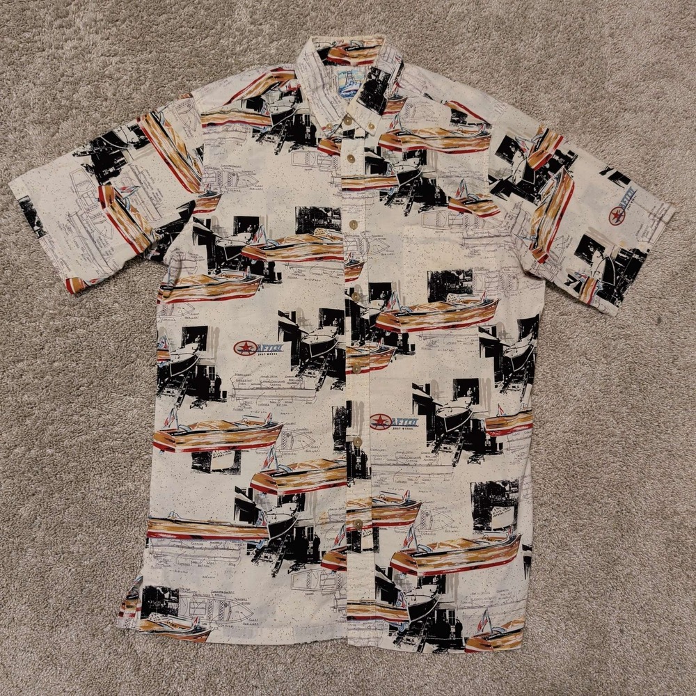 Bluewater Wear Button Down Shirt Mens XL Cream Nautical Aftco Boat Print Short